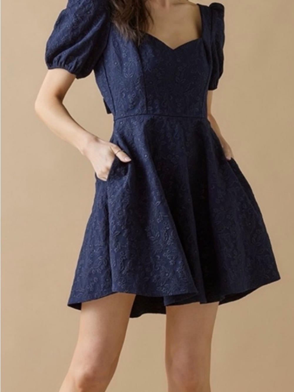 Francesca’s Navy Puff-Sleeve Fit & Flare Dress Size Small